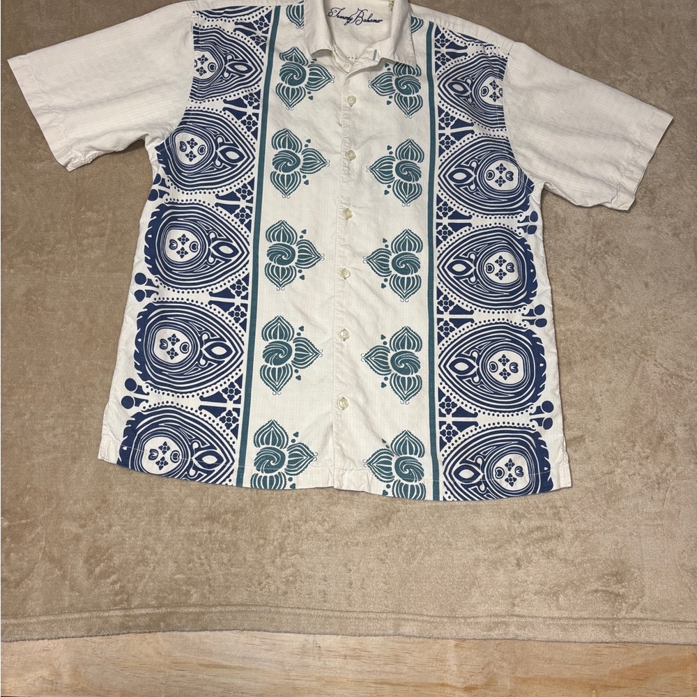 Men’s TOMMY BAHAMA Button Up Short Sleeve Silk Shirt Blue Ivory Size L